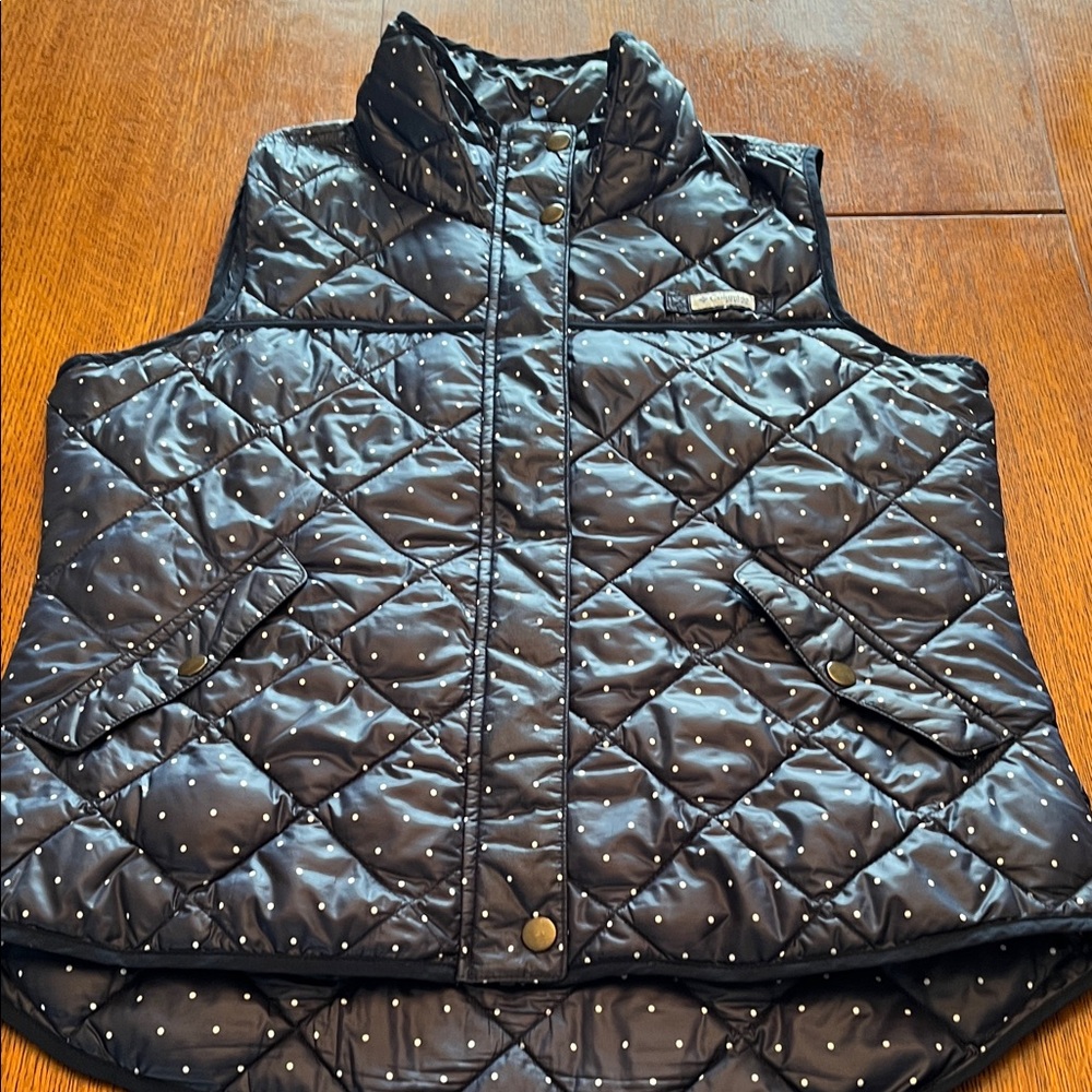 Columbia Navy Quilted Vest with White Polkadots EUC